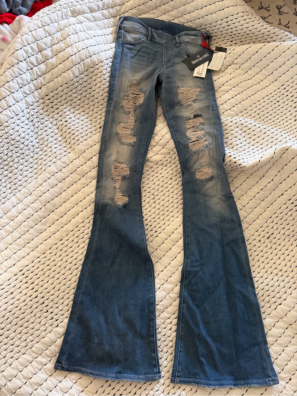 True Religion Distressed Medium Blue Runway Flare Jeans